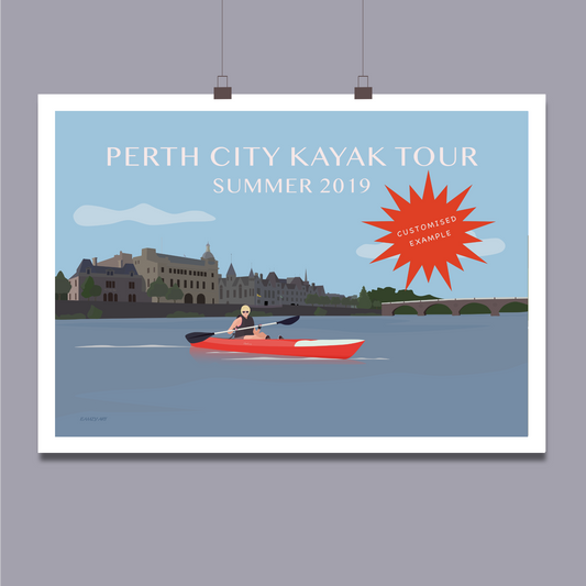 Personalise this art poster. Add you and your friends kayaking or paddle-boarding to this illustration of River Tay in Perth