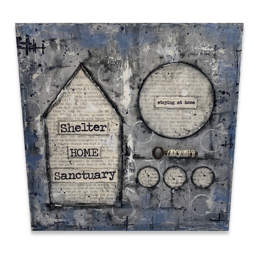 Shelter 8”x8”x1.5” Free-standing or Wall mounted MDF Mixed Media Chunky