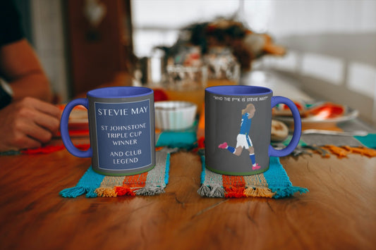 Who the f**k is Stevie May?, St Johnstone FC legend art mug illustrating him celebrating his 50th goal for the club against Aberdeen FC