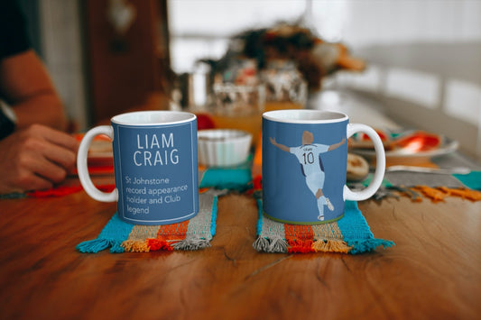 Liam Craig, St Johnstone record appearance holder as of October 2021 mug. Illustration shows Liam's famous goal celebration against Dundee